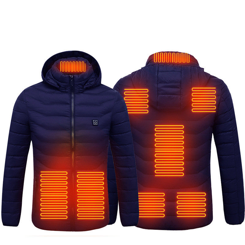 Men heated puffer jacket in navy, front and back views with glowing heating zones
