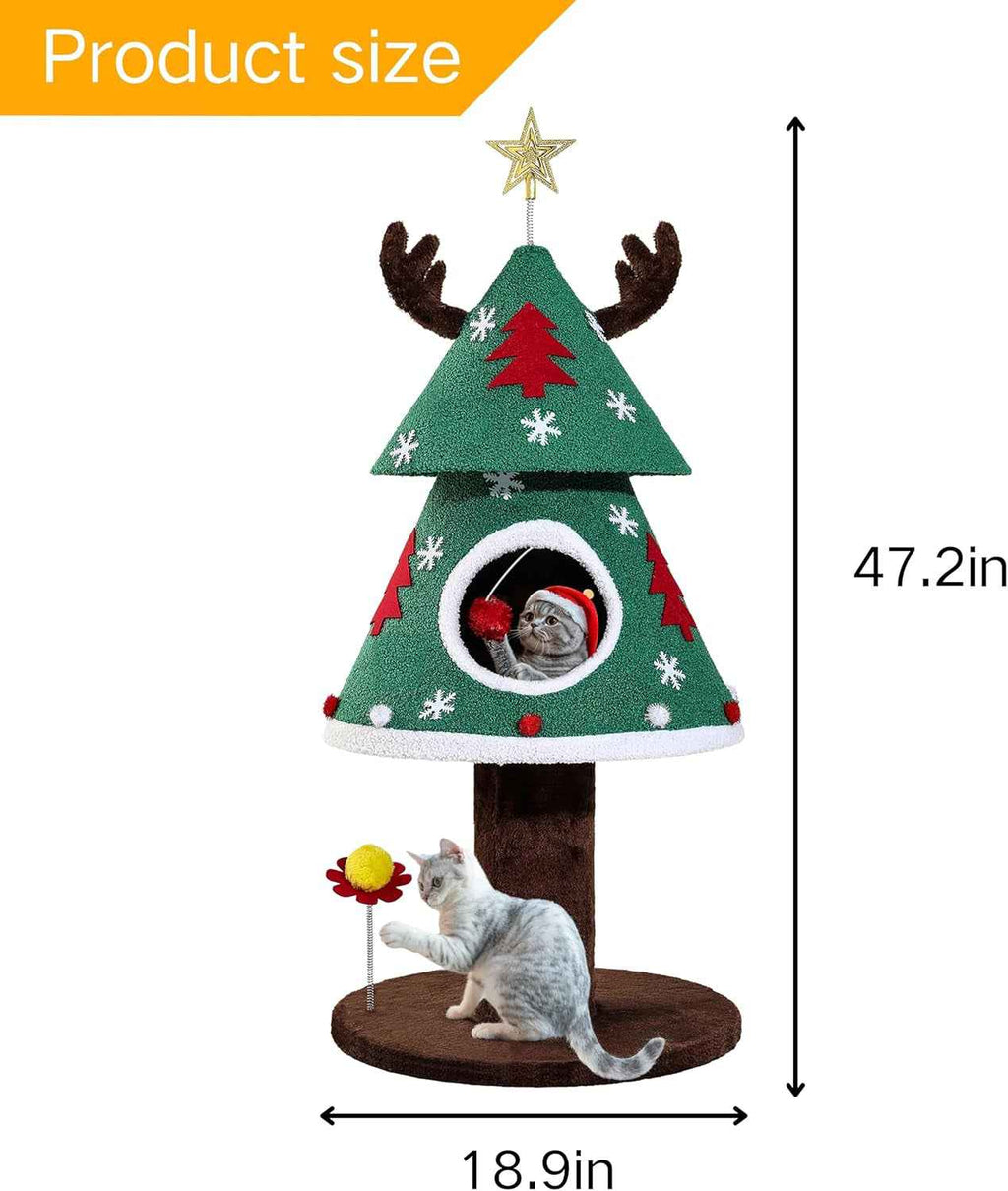 Christmas cat tree with a round base, tree-shaped hideout and 47.2-inch height