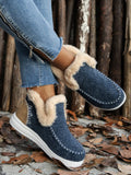 Furry suede round-toe flat sneakers, dark navy upper with plush faux-fur trim