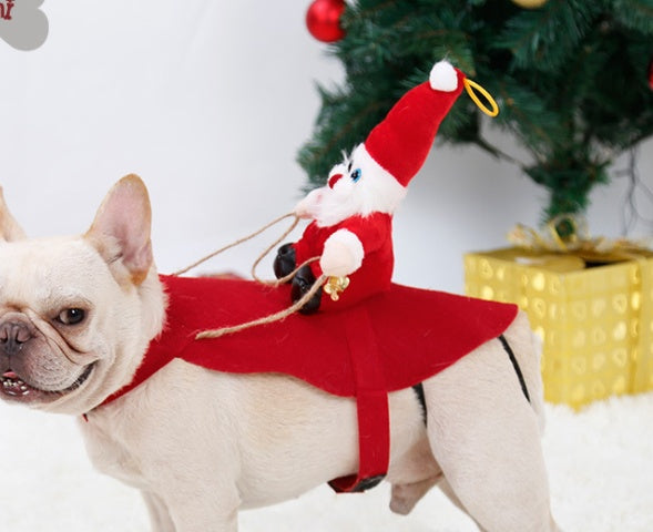 Dog in red hooded Santa costume with plush rider and dangling rope reins
