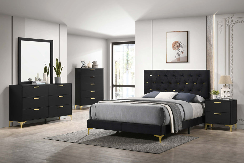Black upholstered platform bed with tufted headboard, footboard, and gold legs
