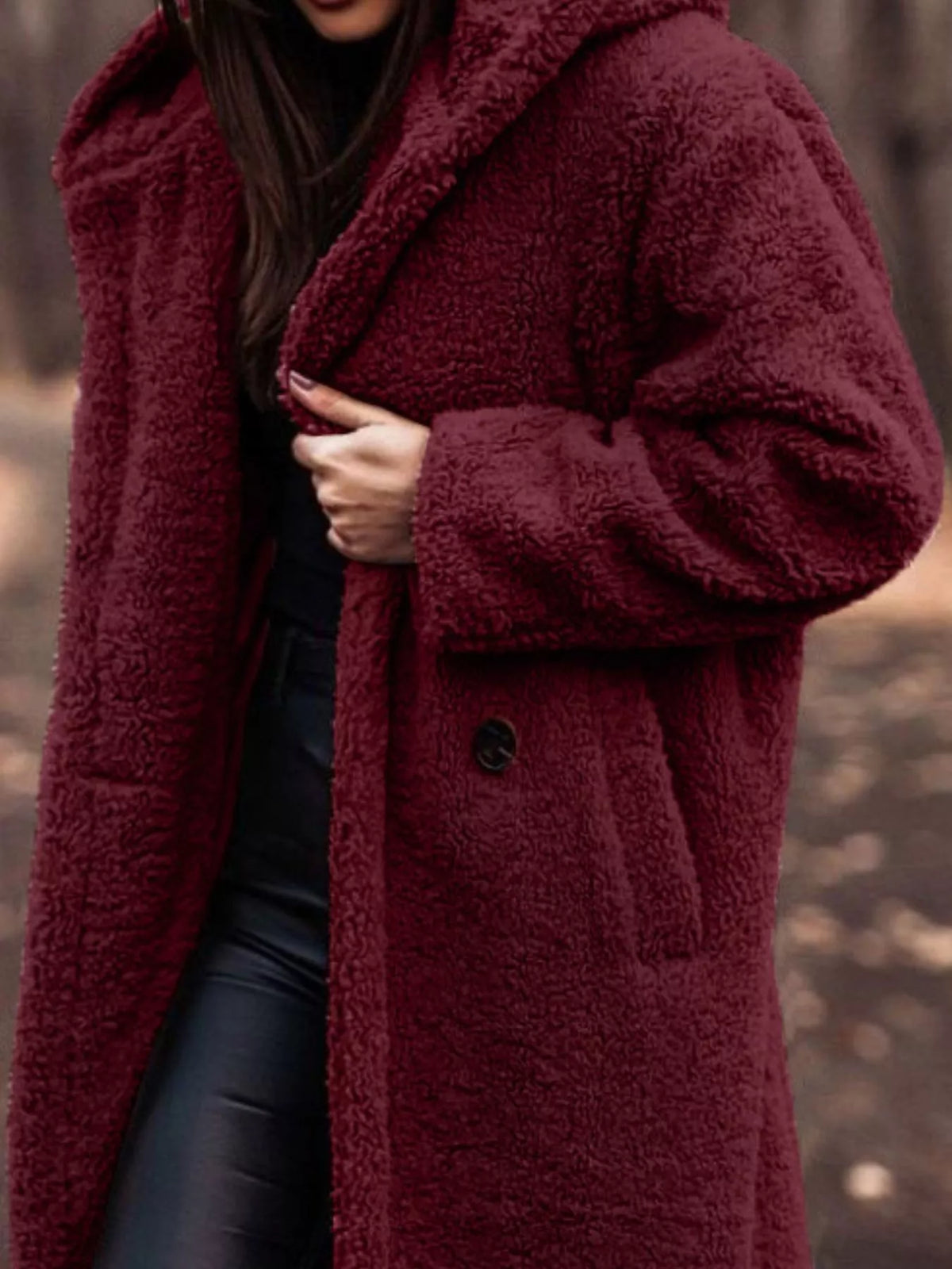 Burgundy hooded teddy coat with button-front closure and textured fleece