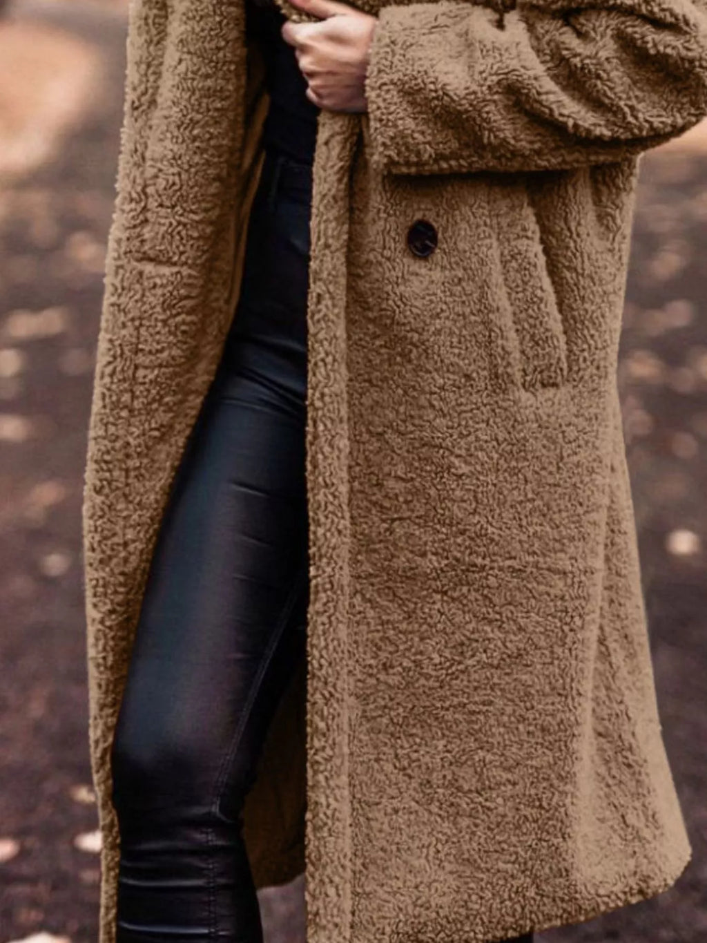 Brown hooded teddy longline coat, button front, long sleeves, textured fleece.