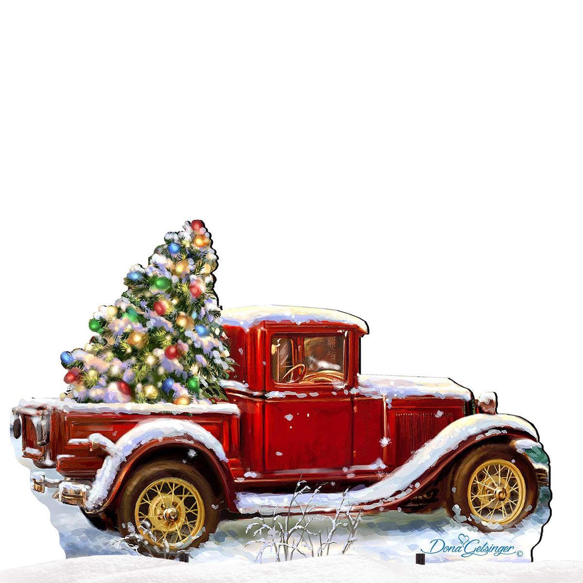 Christmas yard stake decoration: red vintage truck with decorated tree and white snow trim