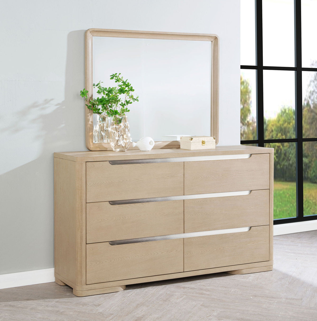 Light elm 6-drawer dresser with square mirror, showcasing top drawers and silver bar pulls