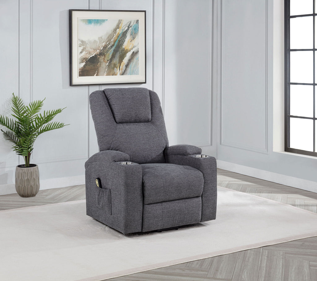 Grey upholstered power lift massage chair upright with cushioned headrest and armrests