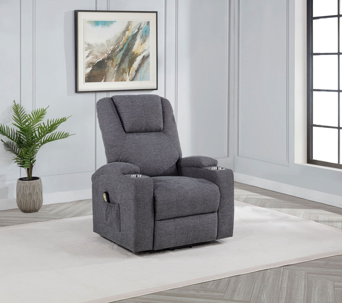 Grey upholstered power lift massage chair upright with cushioned headrest and armrests