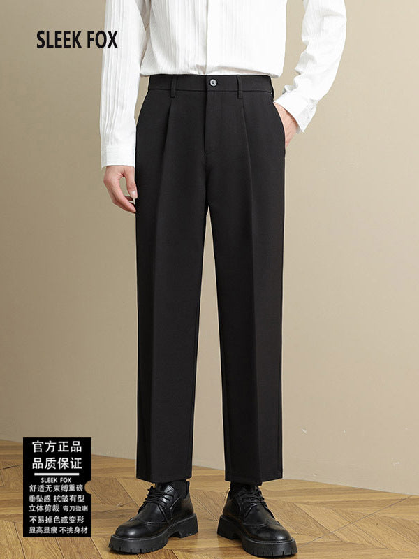 Men's black draped straight suit pants with front pleats and button waist