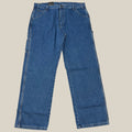 Relaxed fit carpenter jeans in stonewashed indigo blue, straight leg, five-pocket styling.