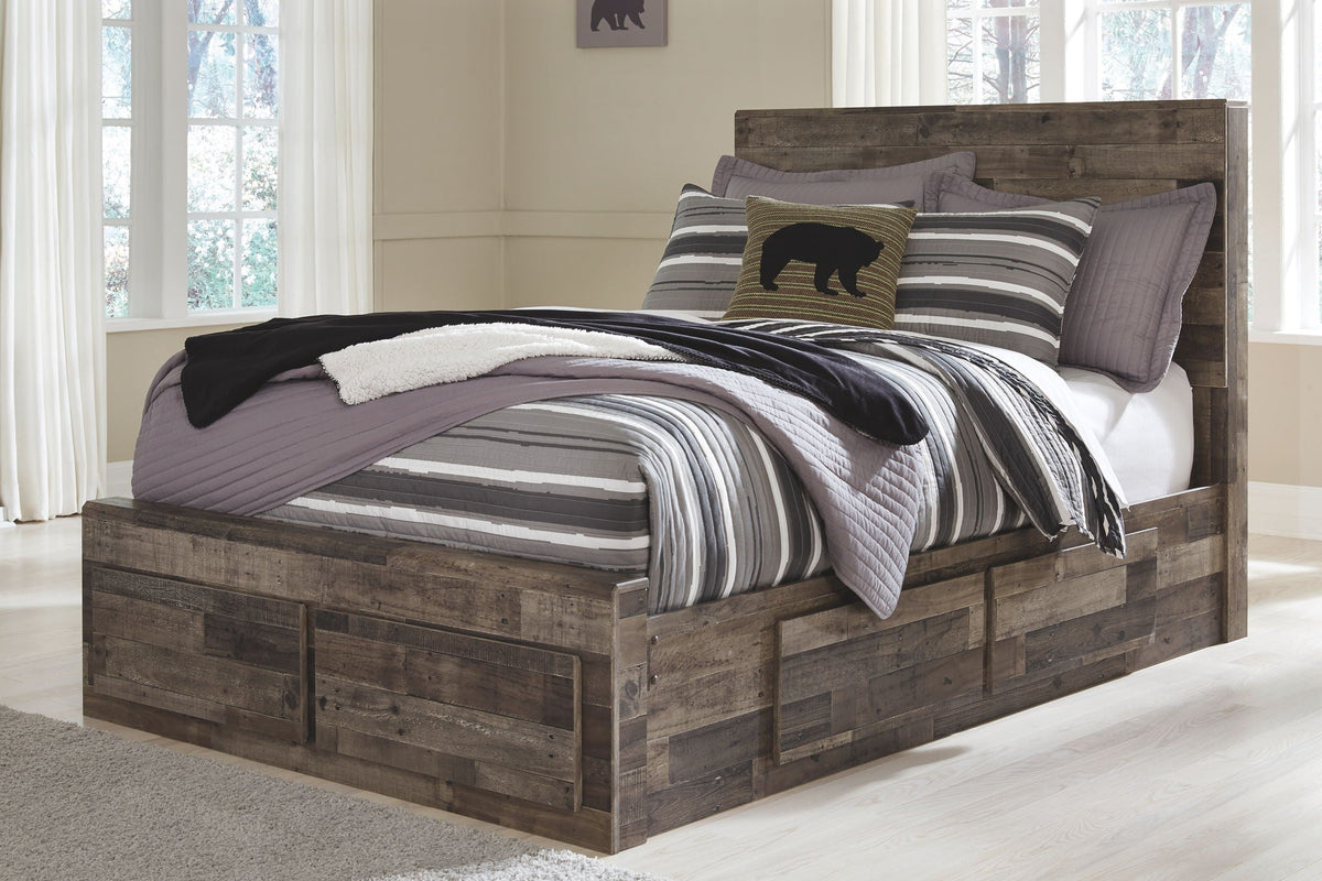 Derekson youth platform bed with dark wood panels and layered striped bedding