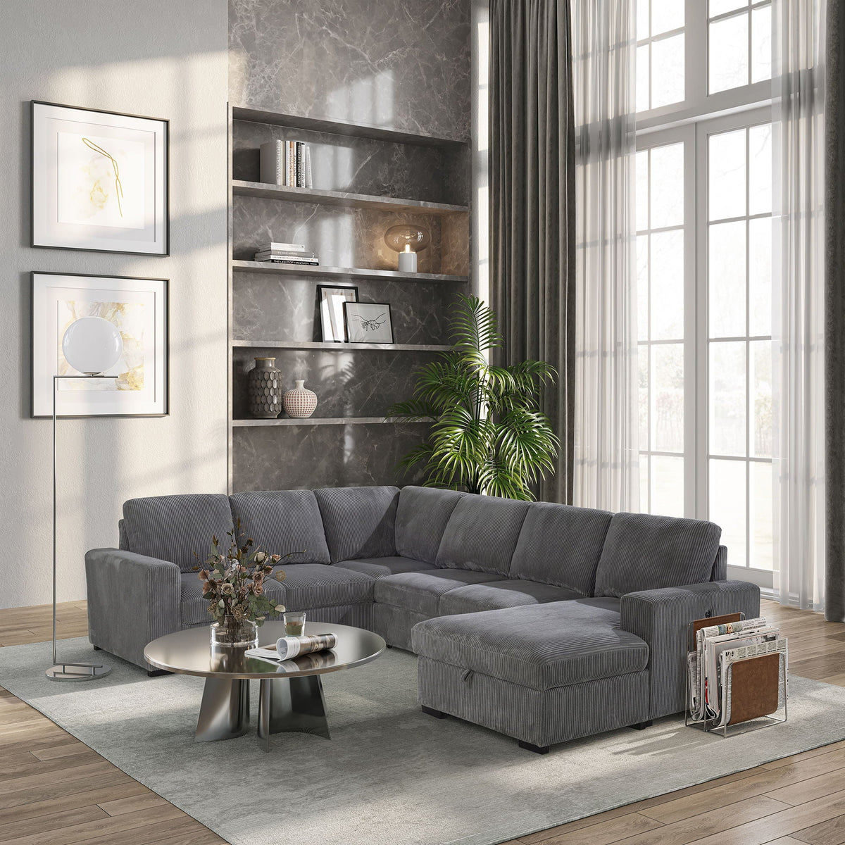 Dark gray sectional sofa with chaise, low back, and tufted seat cushions