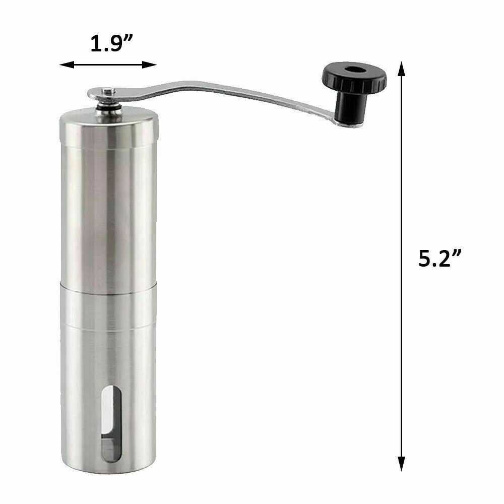 Stainless steel manual coffee grinder with measurements for height and width
