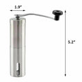 Stainless steel manual coffee grinder with measurements for height and width