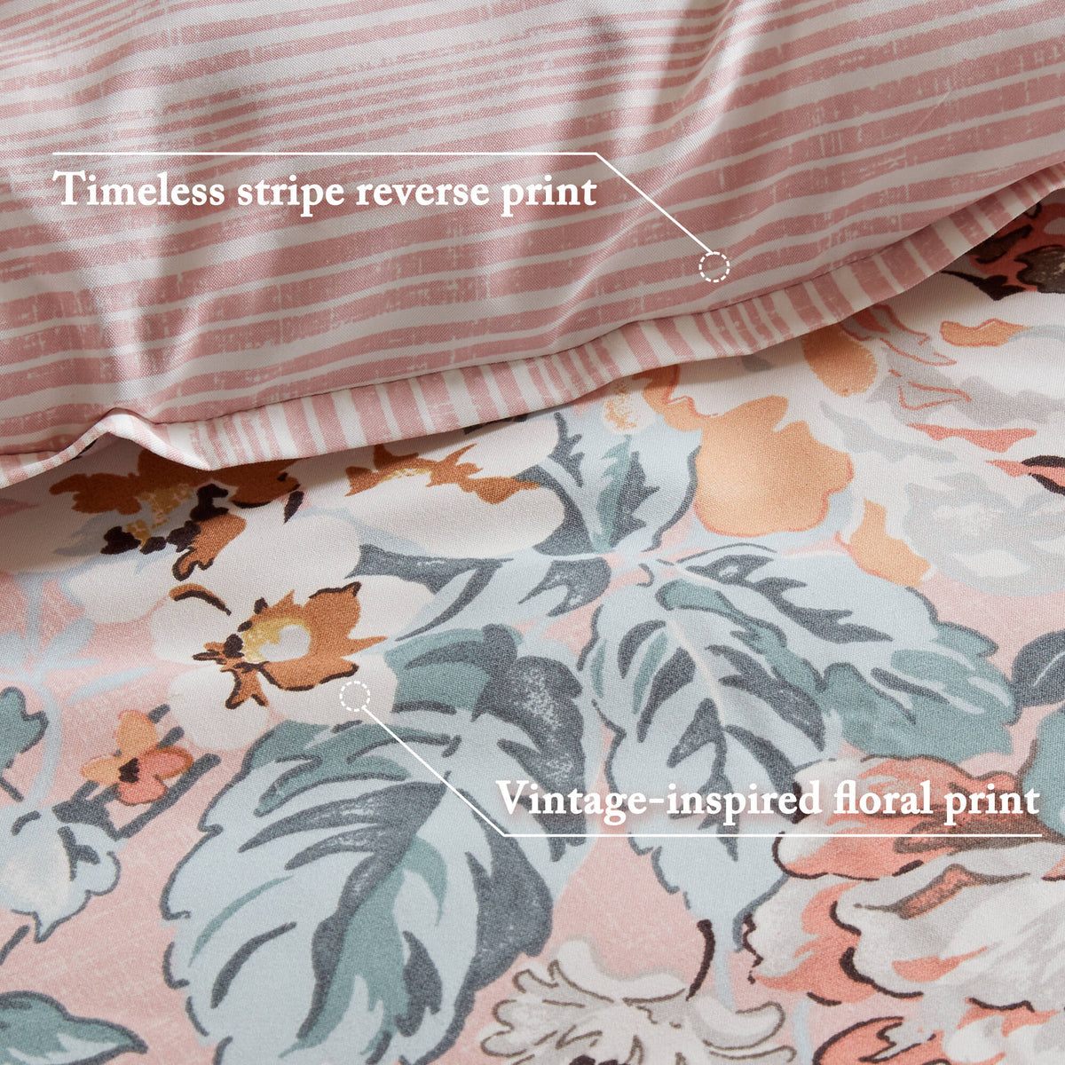 Pink striped reverse and vintage-inspired floral print fabric close-up