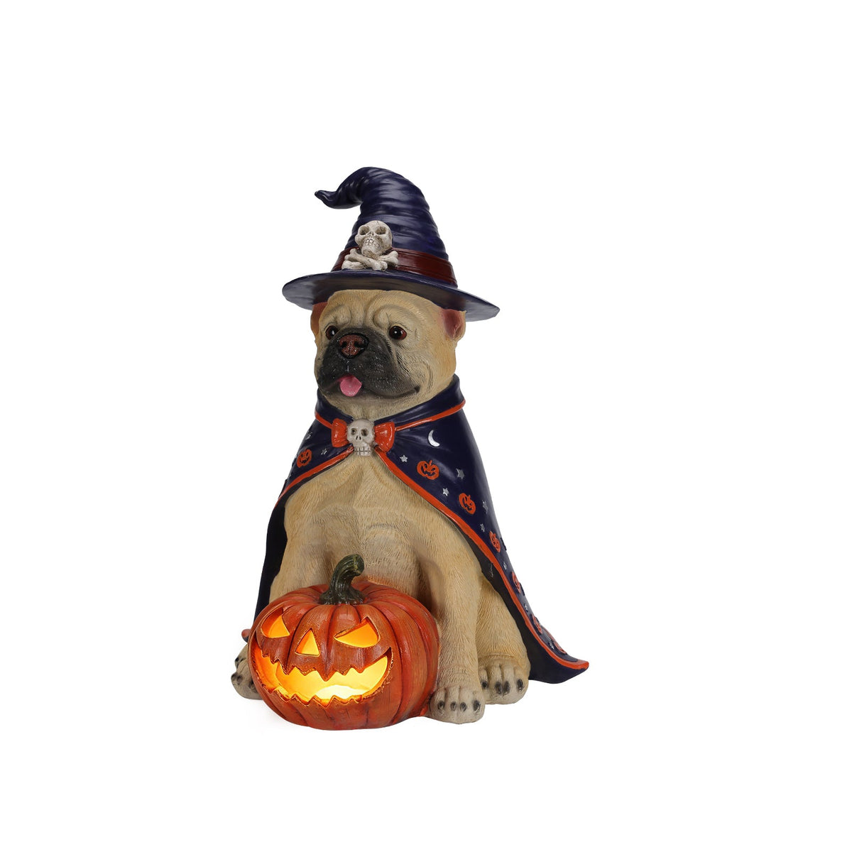 3/4 view bulldog witch statue with glowing orange jack-o-lantern