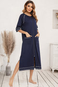 Dark navy zip-up round neck night dress with pockets, slit hem, and contrast trim