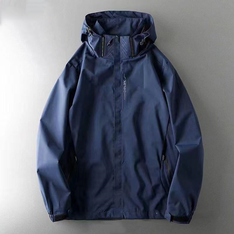 Men's windproof waterproof jacket, dark navy blue, hooded with zip front and side pockets