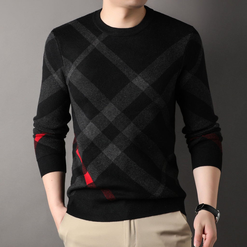 Men's casual knit sweater in black with dark plaid pattern and red accent