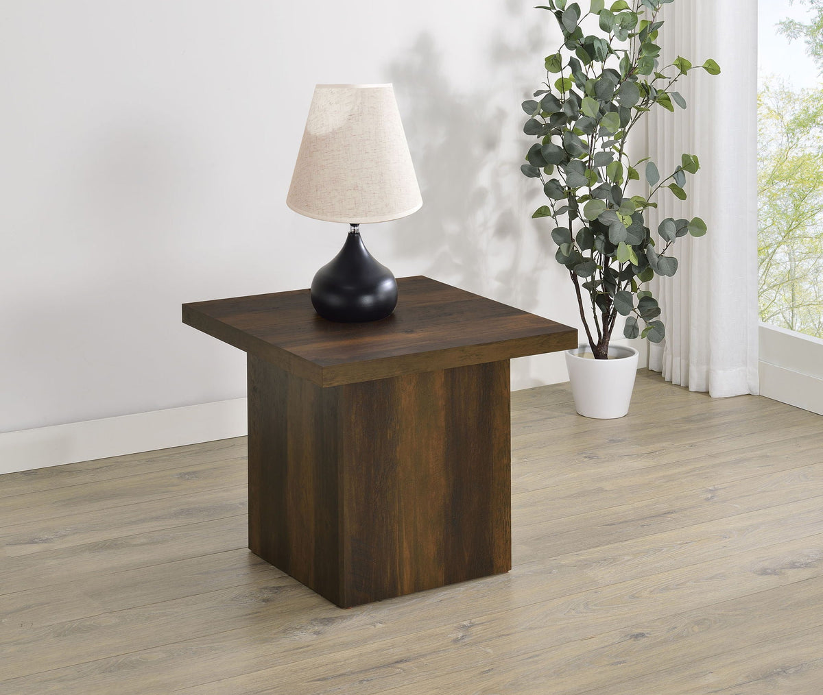 Dark pine square side table with flat top and matching block base