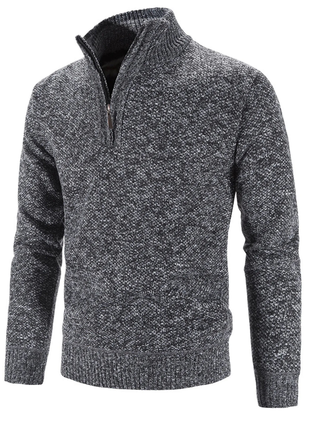 Dark gray heather quarter-zip knit sweater, long sleeves, ribbed neckline