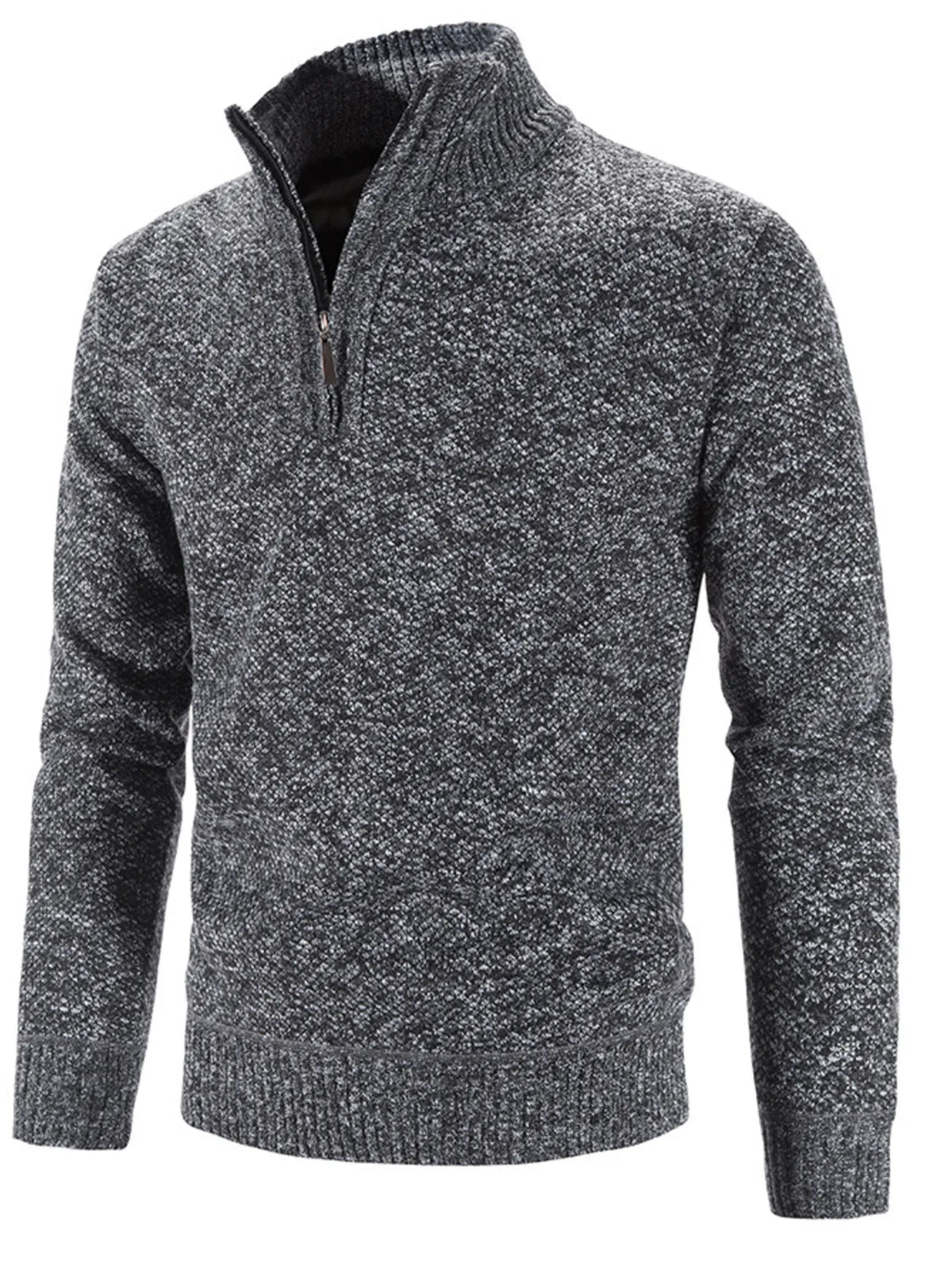 Dark gray heather quarter-zip knit sweater, long sleeves, ribbed neckline