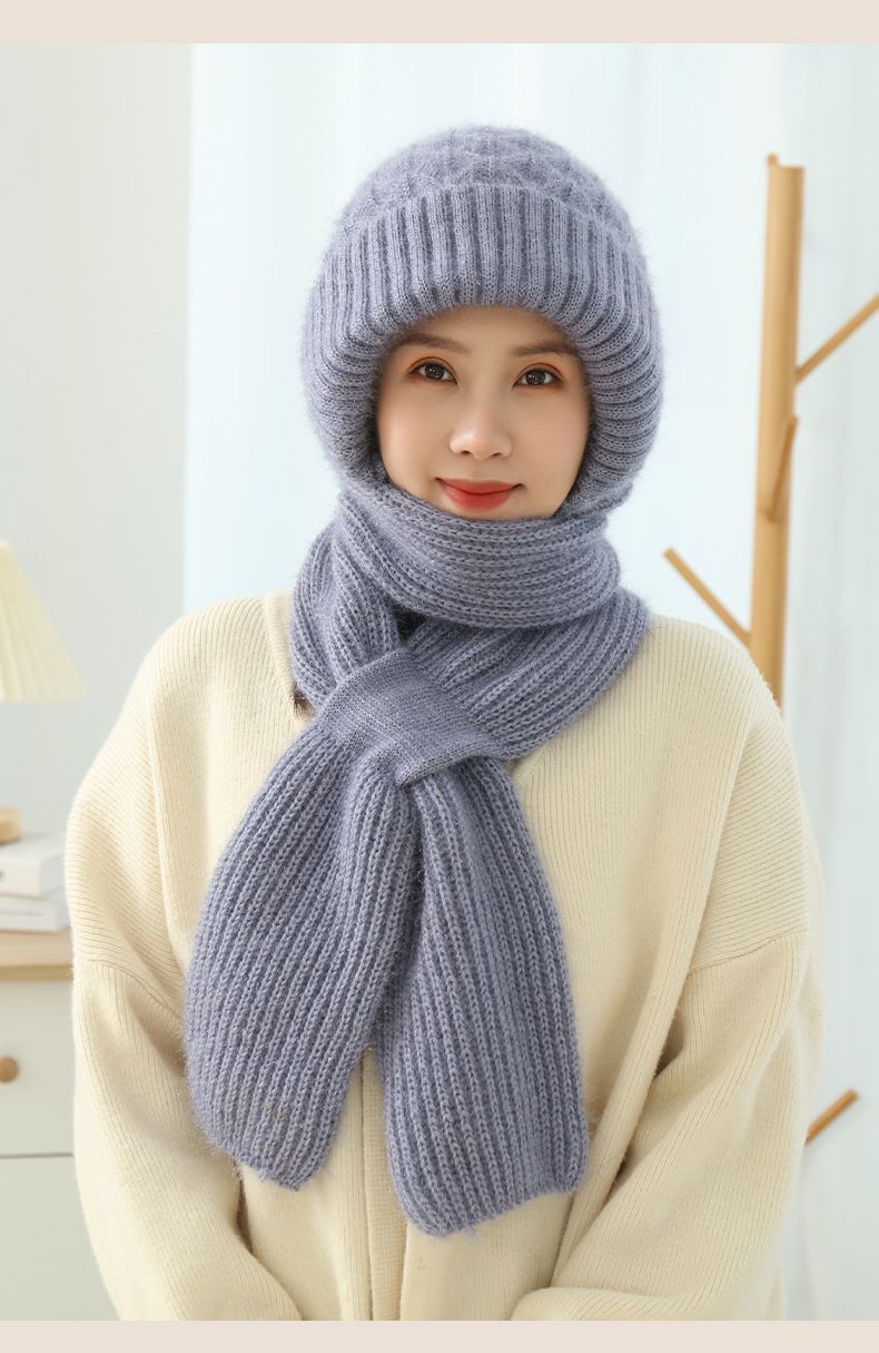 Women’s knit winter hat and scarf set with hood, light gray-blue