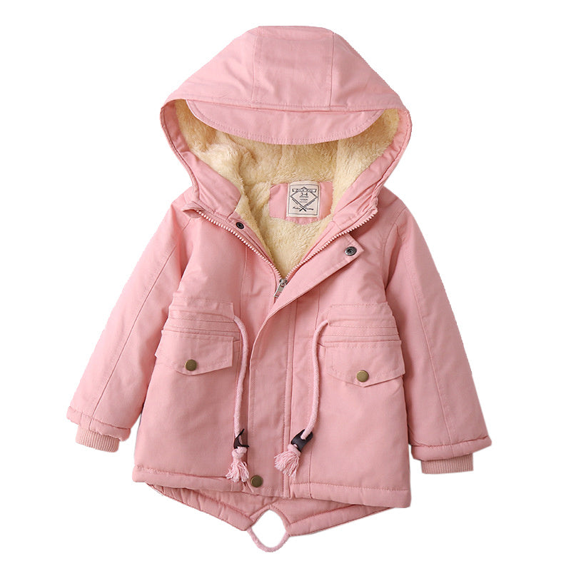 Boys hooded winter coat in pink with zip front, snap pockets, and sherpa-lined hood.