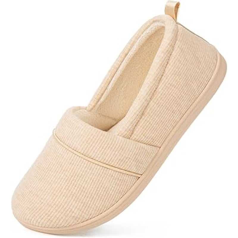 Tan slip-on loafer slippers with round toe and elastic side collar