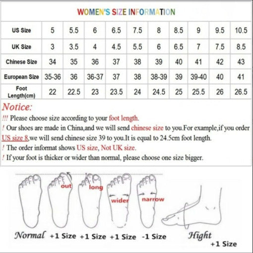 Women size chart graphic for slippers with US, UK, Chinese, and European shoe sizes