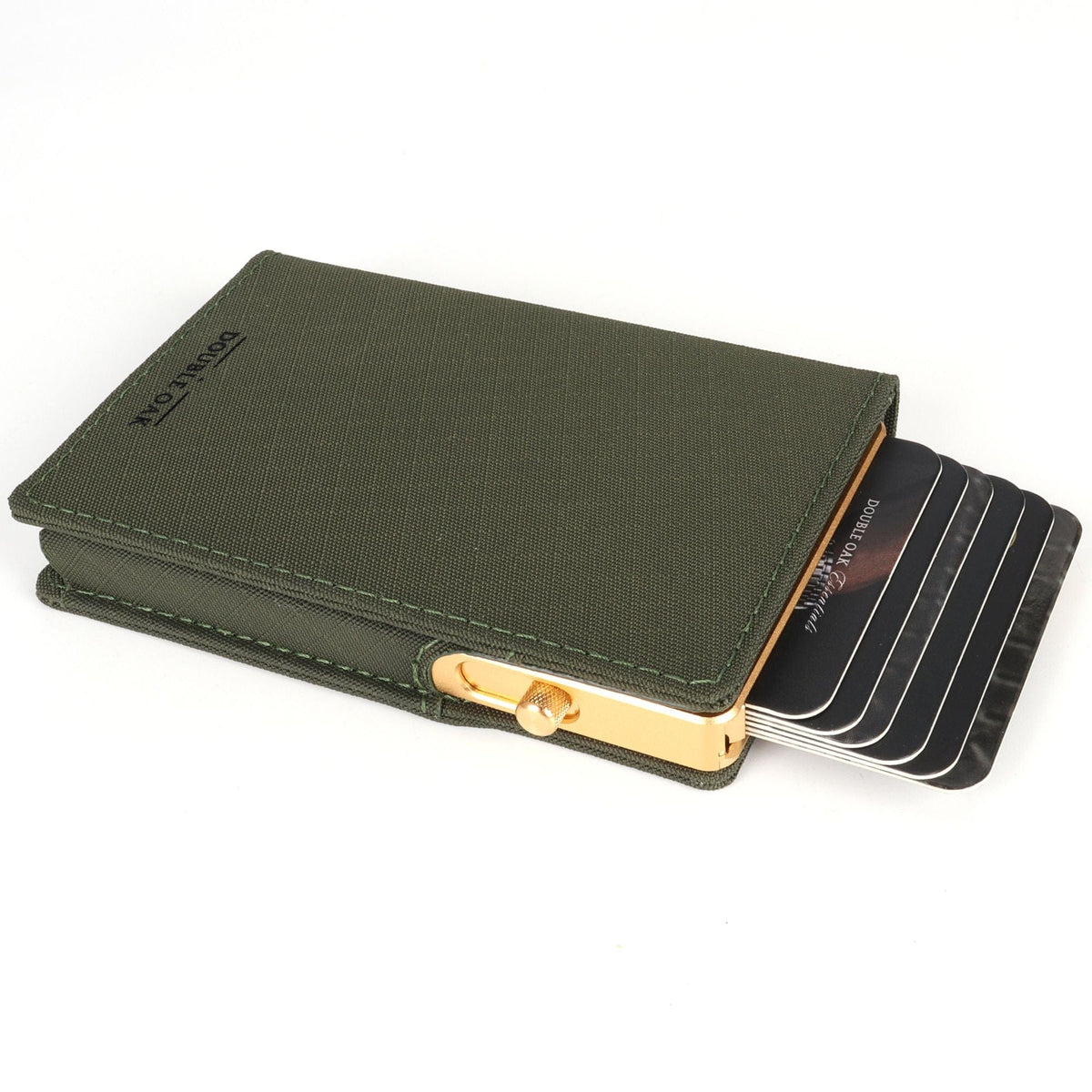Olive green bifold wallet with stitched flap, card slots, and gold-tone snap