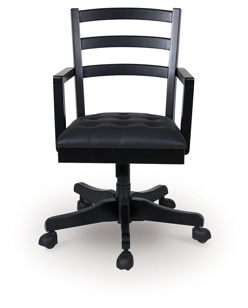 Black swivel desk chair with cushioned seat, slatted back, and five-point wheeled base.