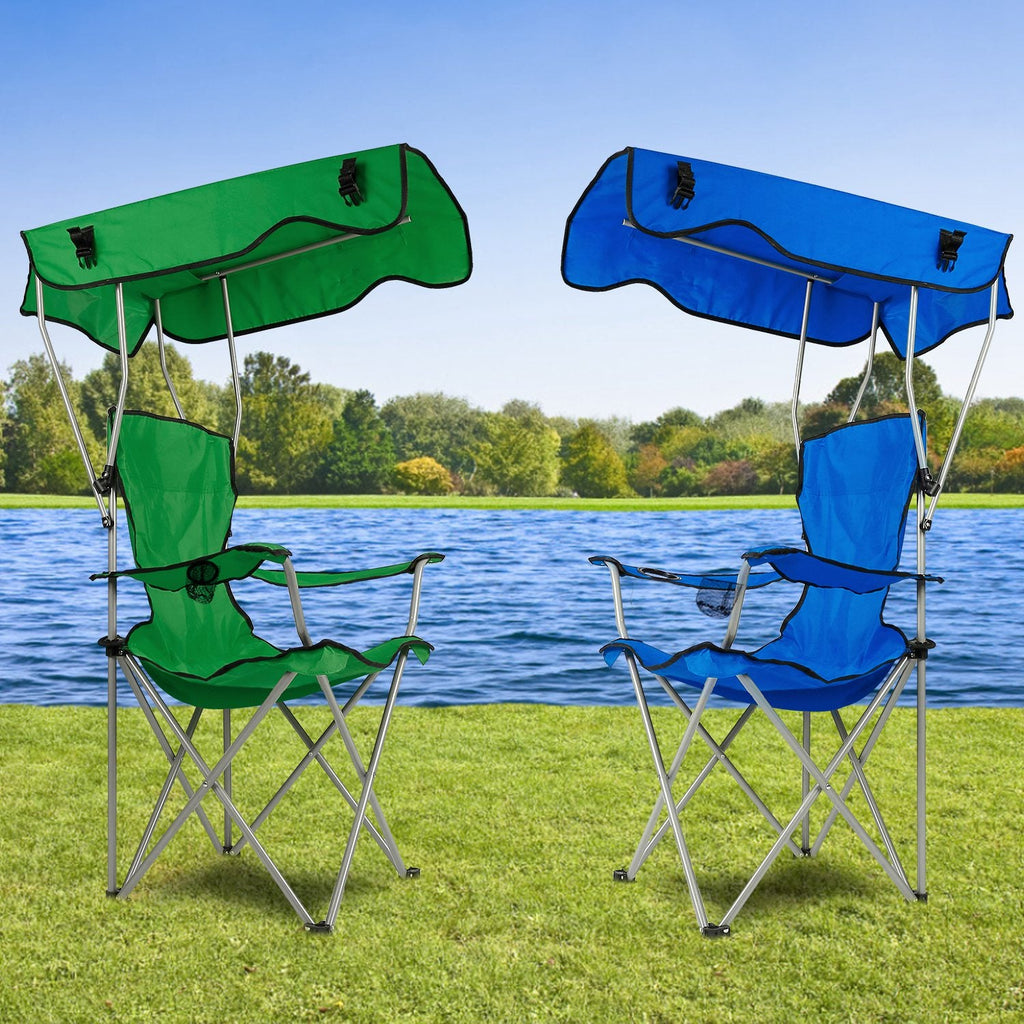 Pair of folding canopy beach chairs in green and blue, with padded seats and armrests