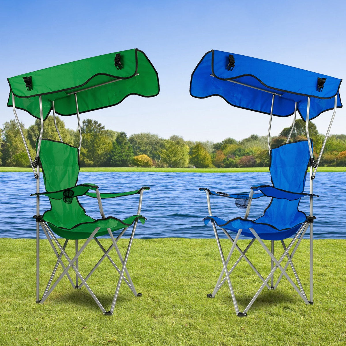 Pair of folding canopy beach chairs in green and blue, with padded seats and armrests