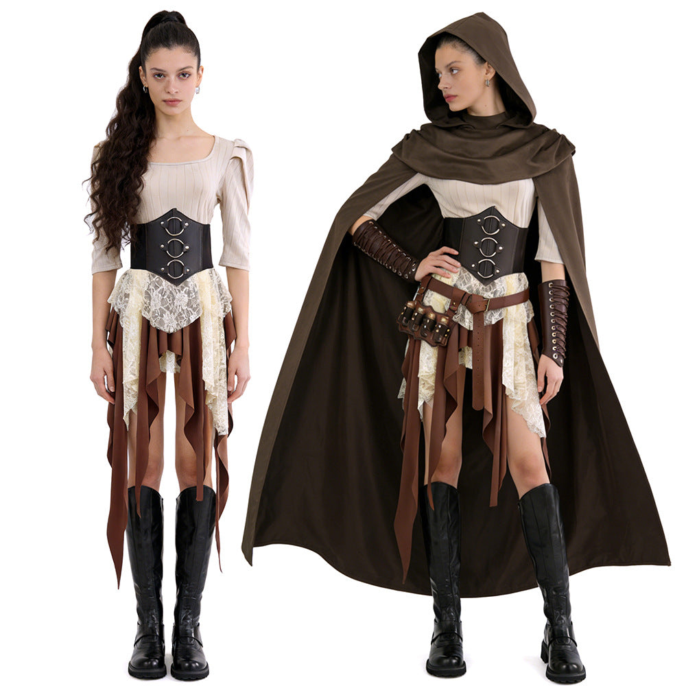 Warrior costume set with hooded cloak, corset bodice, layered skirt, and tall lace boots