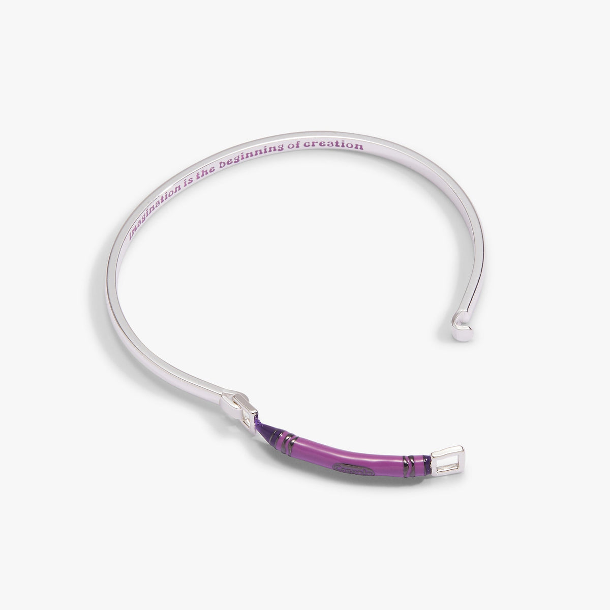 Silver-tone crayon-style tension bangle with purple center stripe and open gap