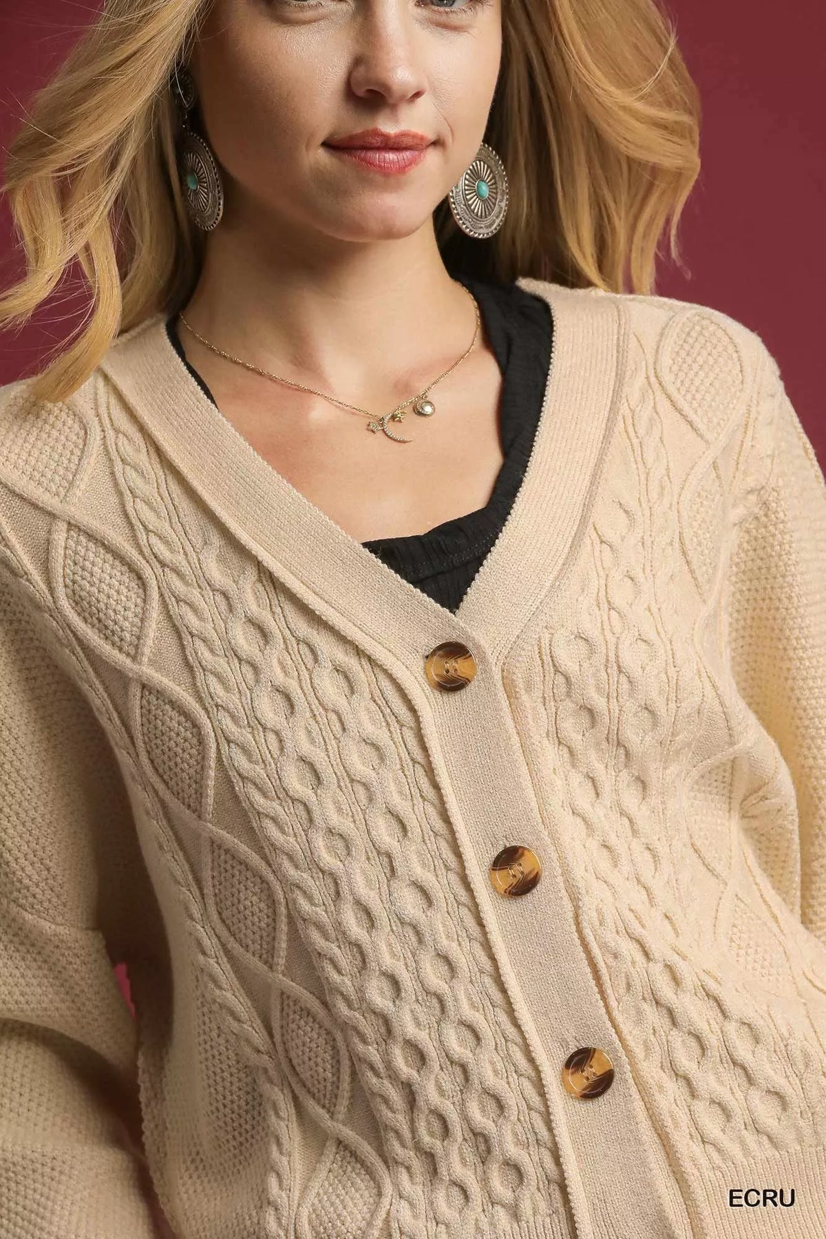 Ecru cable knit v-neck button-up cardigan close-up with wooden buttons