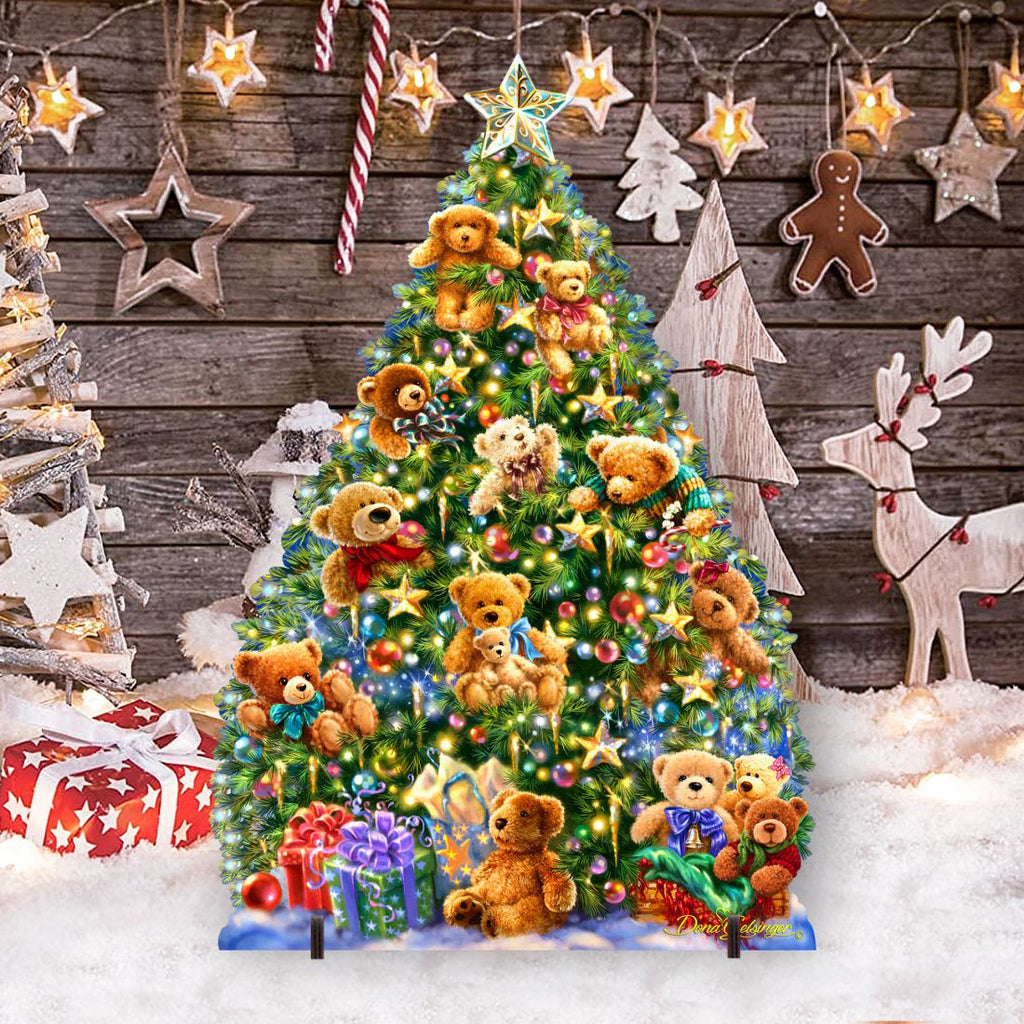 Holiday teddy bear tree yard sign with star topper, ornaments, and wrapped presents