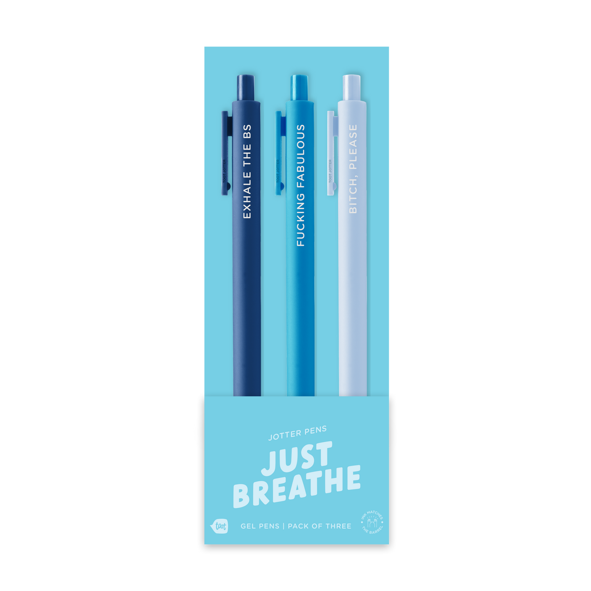 Jotter pen set (3-pack) with dark blue, blue, and light blue gel pens in a retail box