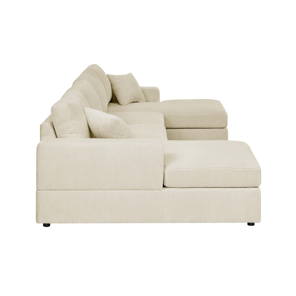 Light beige sectional sofa with chaise ottoman and textured upholstery cushions