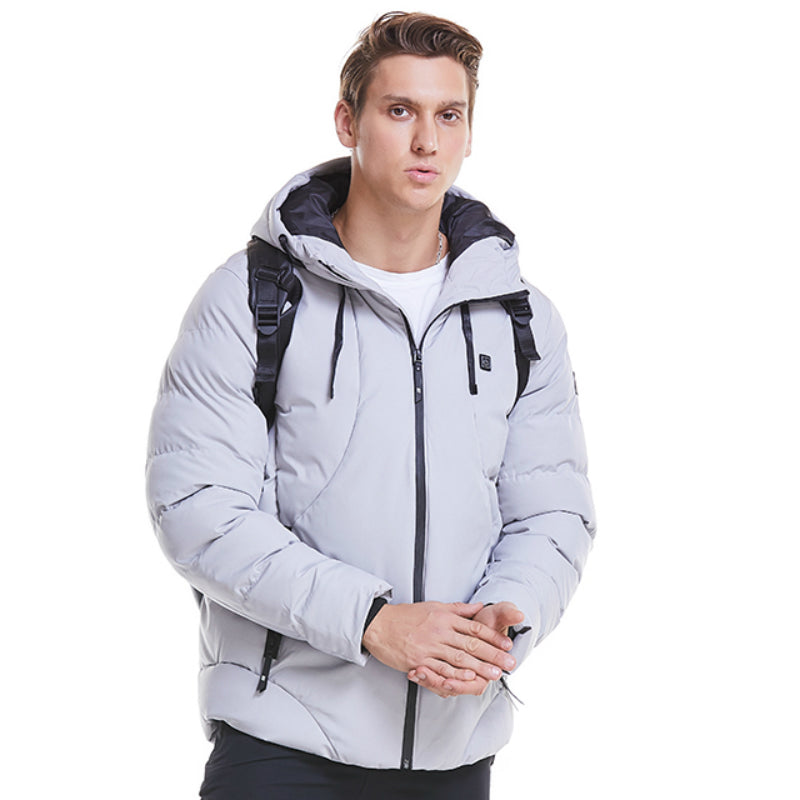 Hooded heated cotton coat, light gray, front view with zipper and pockets