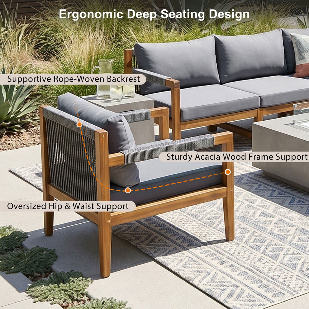 Outdoor sofa sectional with dark gray cushions and acacia wood arms, rope backrest