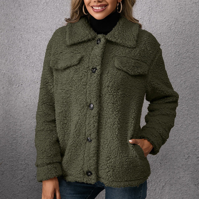 Olive green fleece button-up coat with lapels, front pockets, and dark buttons