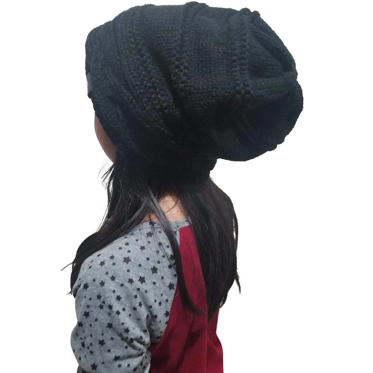 Dark slouch beanie hat with textured knit, back view