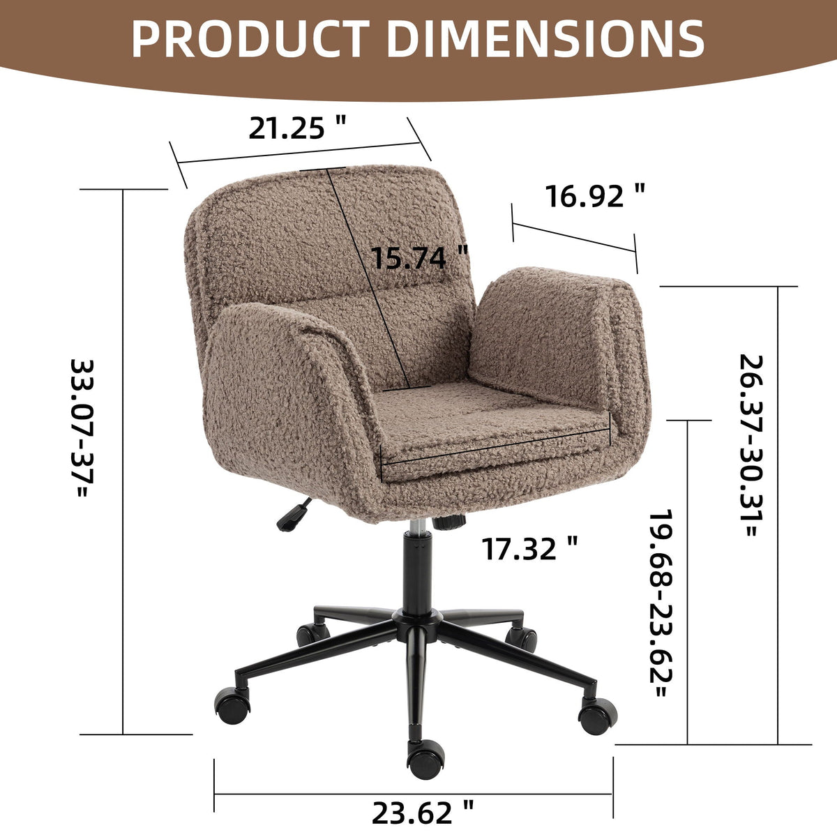 Dark brown fabric swivel desk chair with padded seat, armrests, and caster wheels