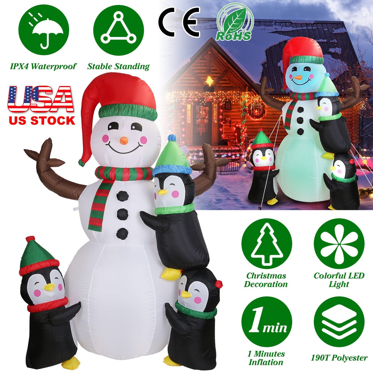 Inflatable snowman yard decoration with penguins, red hat, scarf, LED light