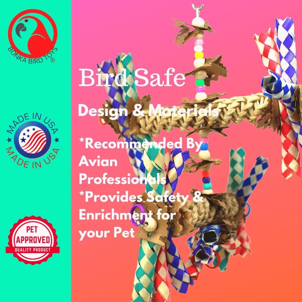 Wide parrot toy featuring woven bars, braided strips and colorful beads