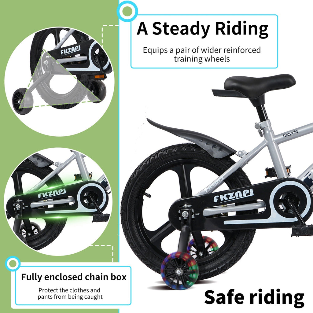 Kids 16-inch bike with training wheels and enclosed chain box, white frame, black tires.