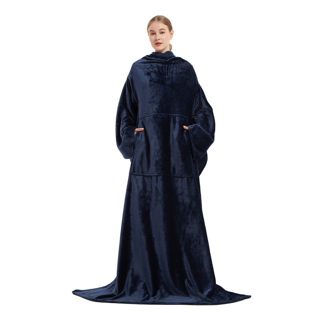 Navy long plush robe blanket with hood and front pockets