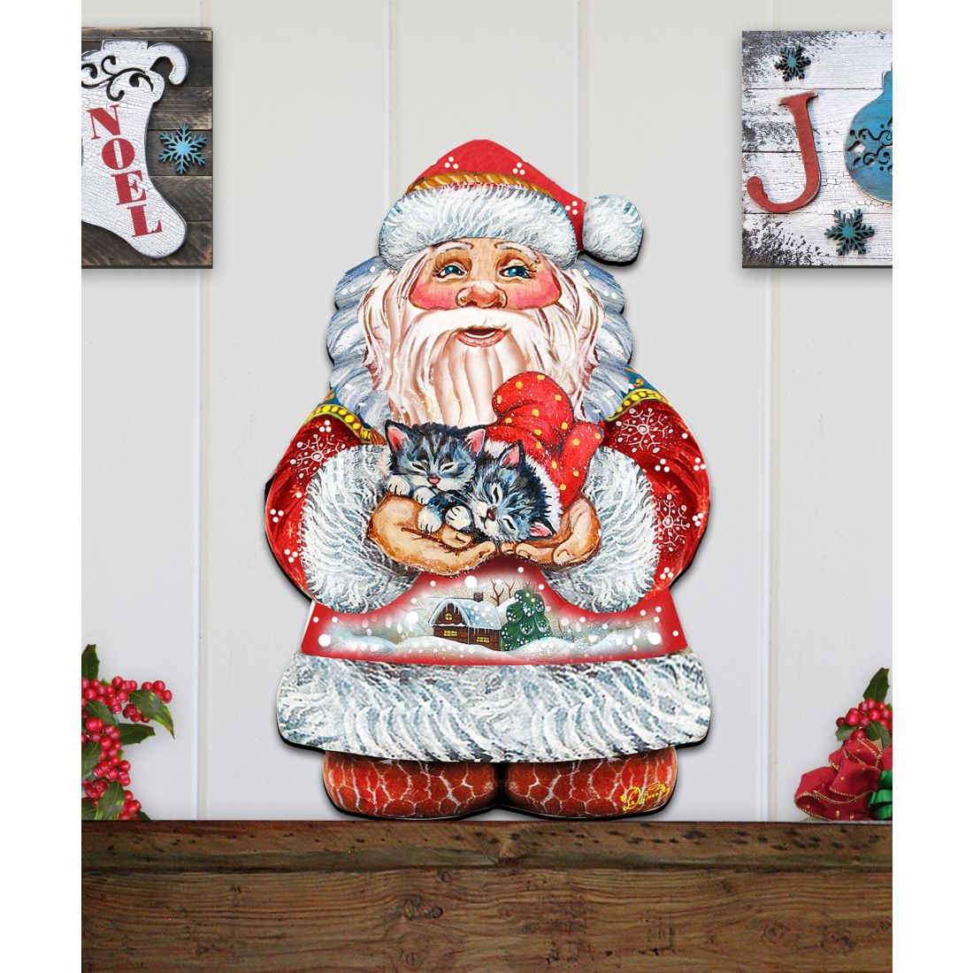 Santa holding a kitten Christmas door decor figure with red hat and gray white beard