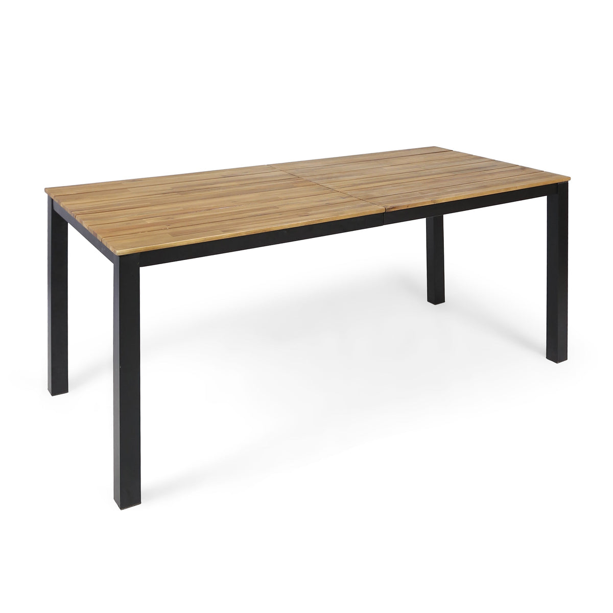 Rectangular acacia wood patio table with slatted surface and dark, sturdy legs.